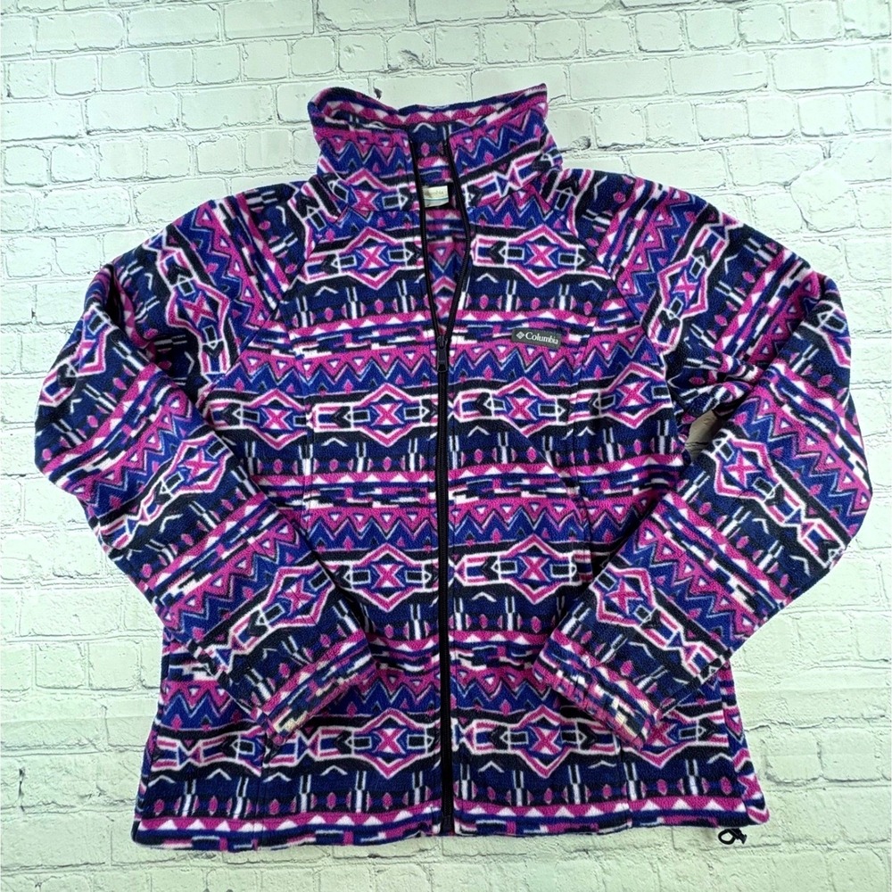 Columbia Fleece Jacket Womens XL Blue Pink Aztec Geometric Full Zip Outdoor